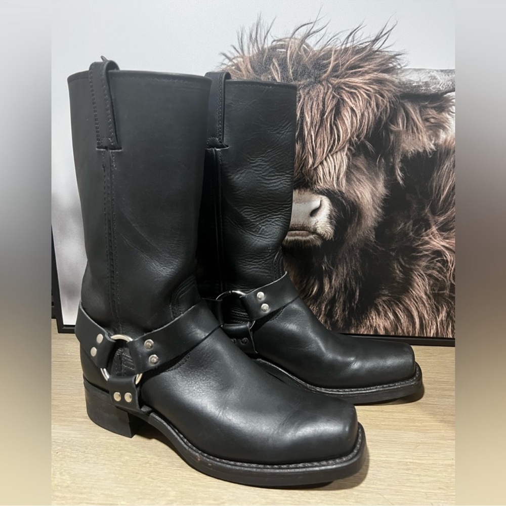 Vintage Frye Harness 12R Boots - Black Leather Men's Moto Boots
